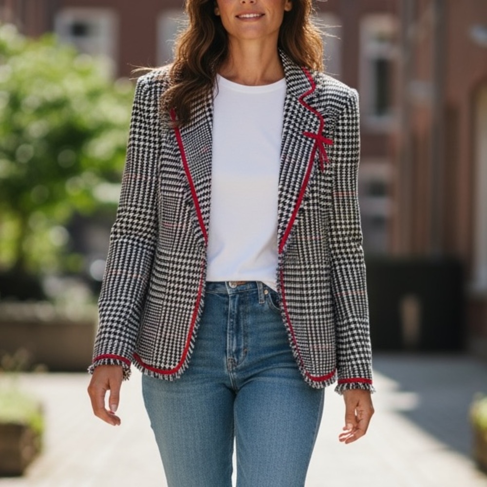 ECI New York Houndstooth Tweed Blazer Red Trim Bow Fringe 14W a41